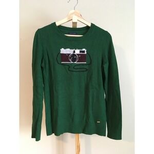Tommy Hilfiger Camera Graphic Green Knit Crewneck Sweater Wool Mix